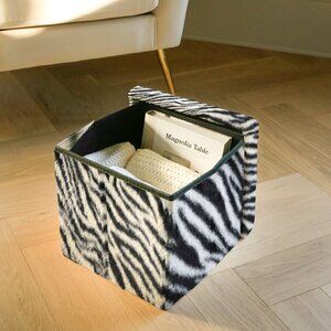 Go-Poufs Knock-Down Small Cube Faux Fur Storage Ottoman |  Zebra Black/White